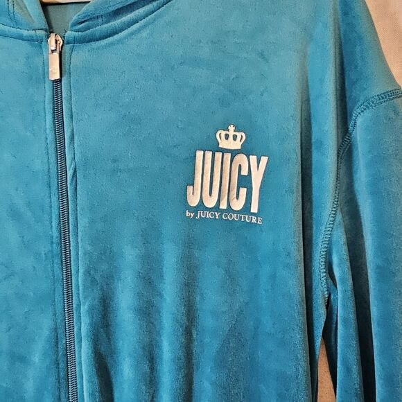 Juicy Couture Turquoise Teal VELOUR LOUNGEWEAR Hooded JUMPSUIT Medium - Picture 3 of 7